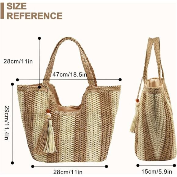 Women Straw Beach Bag Large Beige Khaki - Picture 2 of 7